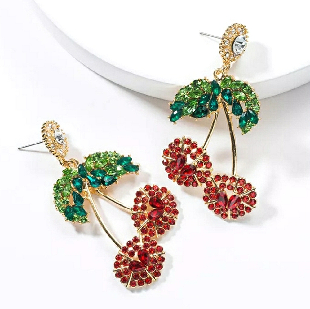 Gold Crystal Green Stem Red Cherry Dangle Earrings